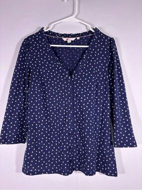 Boden Navy Floral Button Front Blouse Women’s Ruffle Neck Cotton Peplum Top Sz 8